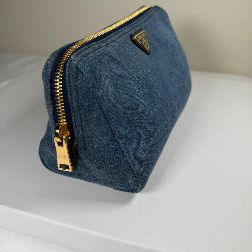 Prada Blue Denim Triangle Logo Pouch with Gold Hardware - Picture 7 of 16